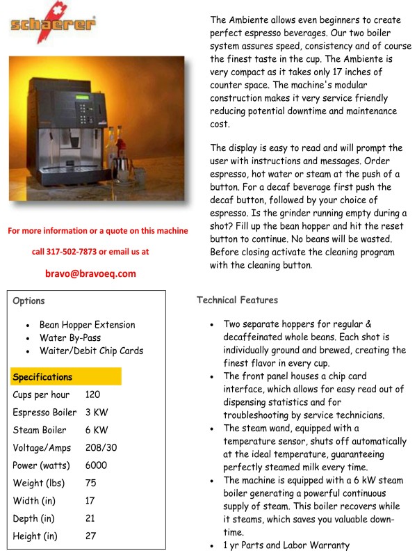 Ambiente Espresso Machine Specifications