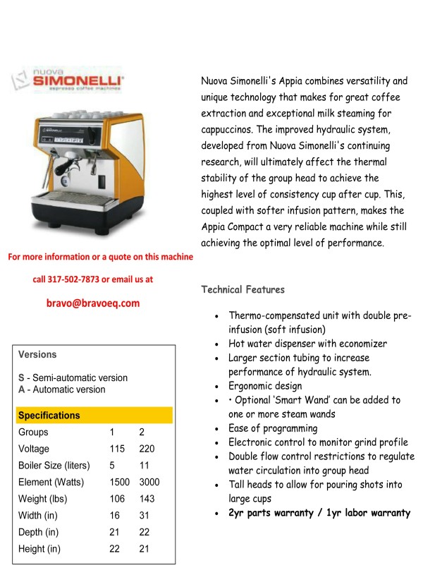 appia espresso machine specifications