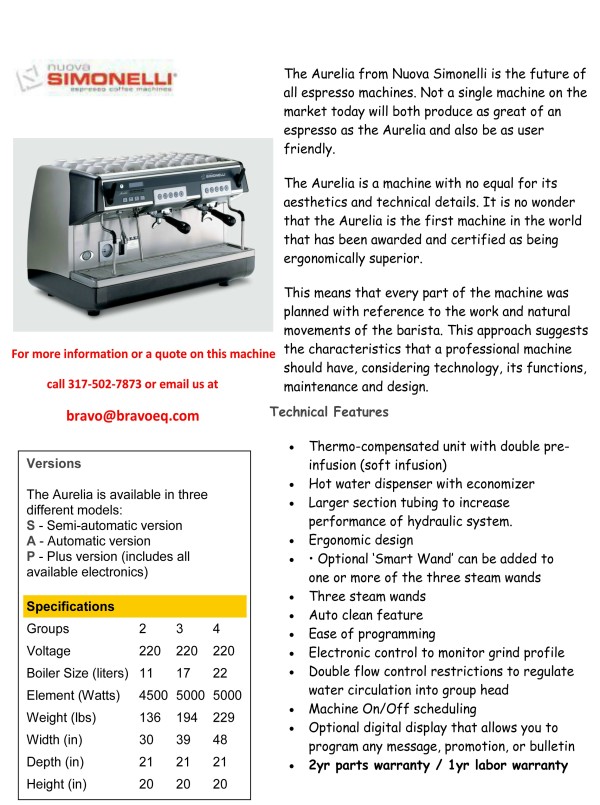 aurelia espresso machine specifications