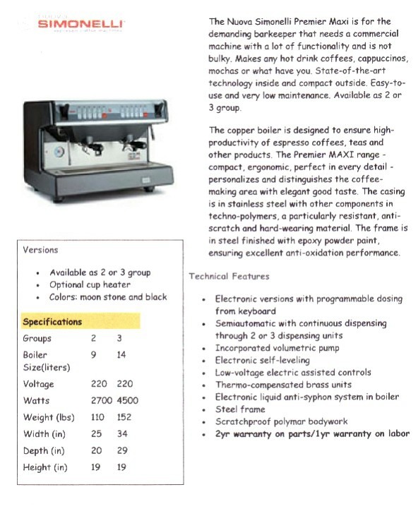 premier maxi espresso machine specifications